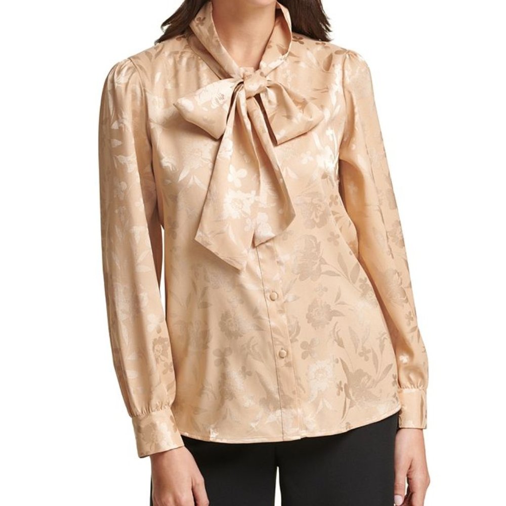 NWT Calvin Klein Floral-Print Tie-Neck Bow Blouse Camel SP